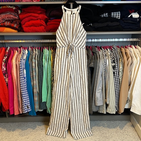 Sugarlips Pants - Sugar lips gray/white striped sleeveless back zipper closure jumpsuit size XS